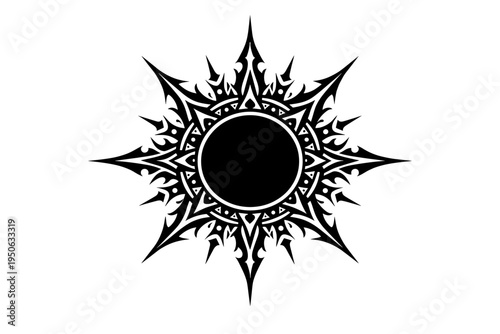 Tribal Gothic Sun Symbol and Star Tattoo Design with Sharp Rays and Intricate Geometric Patterns, Mystic Black Sun Icon for Occult and Celestial Art, Vector Illustration Isolated on White Background