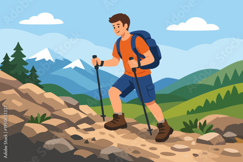 Young Caucasian Man Hiking Up a Rocky Mountain Trail with Trekking Poles and Backpack, Active Outdoor Adventure Lifestyle in Nature, Simple Flat Vector Illustration of a Male Backpacker.