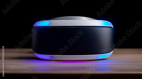 Modern virtual reality headset with blue gradient lighting, immersive technology concept, with copy space
