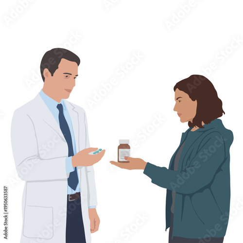 A doctor and patient exchanging a prescription bottle in a medical consultation