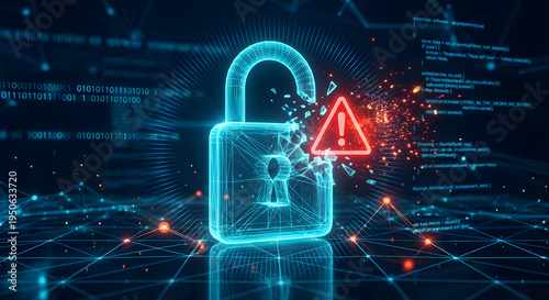 abstract digital illustration of a glowing blue wireframe padlock shattering with a red warning alert icon representing a major cyber security breach data hack and system failure