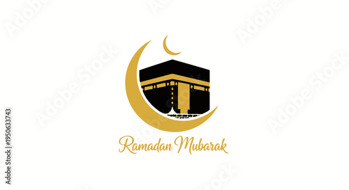 Ramadan Mubarak greeting card with Kaaba and crescent moon