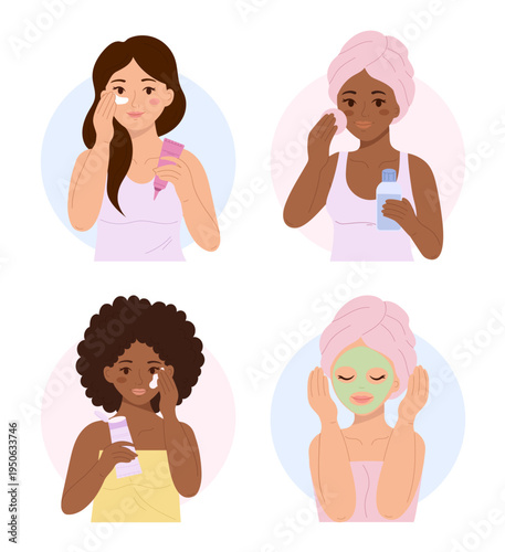 Diverse women practicing skincare routine. Female characters applying face cream, mask and lotion. Beauty treatment infographic collection set isolated on white.