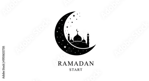 Ramadan Mubarak start logo with crescent moon and mosque silhouette