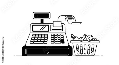 Cash register with shopping basket.