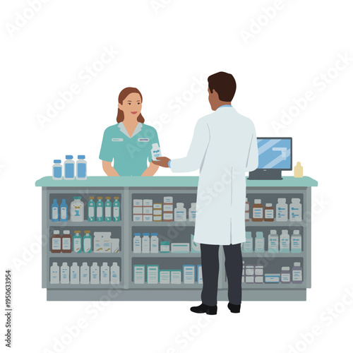 A pharmacist and customer interacting at a pharmacy counter with various medications on display