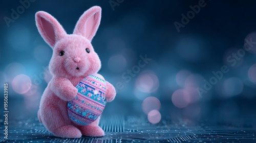 Charming easter bunny holding a decorated egg in style. Ai integration. Whimsical bunny with a decorated egg amidst easter joy. Cyber interaction. Cognitive computing.