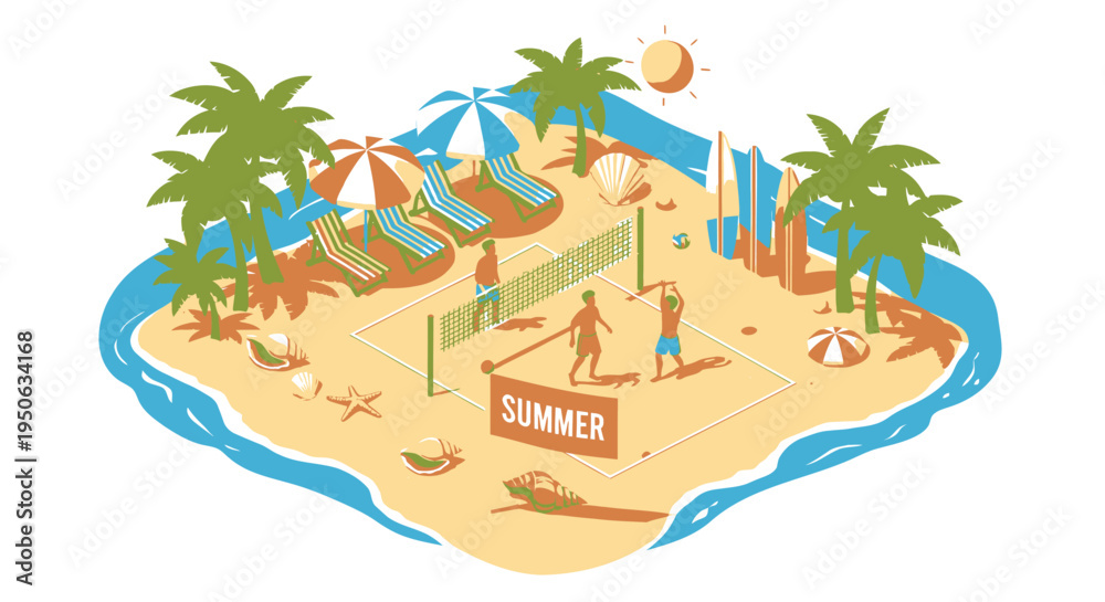 Obraz premium Vector summer beach illustration with palm trees and activities