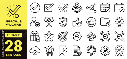 Approval and validation icon set with check marks, achievement symbols, productivity elements, security, quality assurance, and high‑ranking UI components in modern line‑art vector style