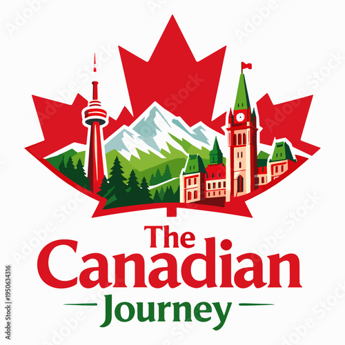 Wallpaper Mural Scenic Canadian journey illustration with maple leaf backdrop and famous landmarks, celebrating travel, heritage, exploration, culture, pride, and breathtaking northern landscapes Torontodigital.ca