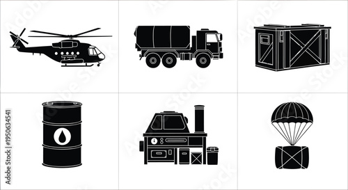 Set of 6 military icons vector, black and white