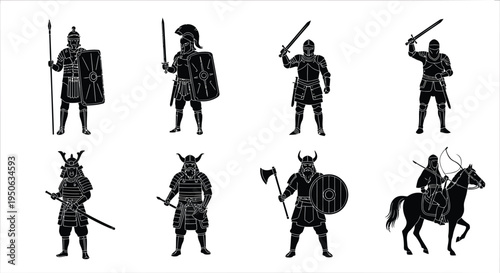 Set of 8 medieval warrior silhouettes vector