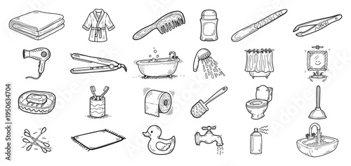 Bathroom Icons Set Hand Drawn Hygiene Items Toiletries And Spa Vector