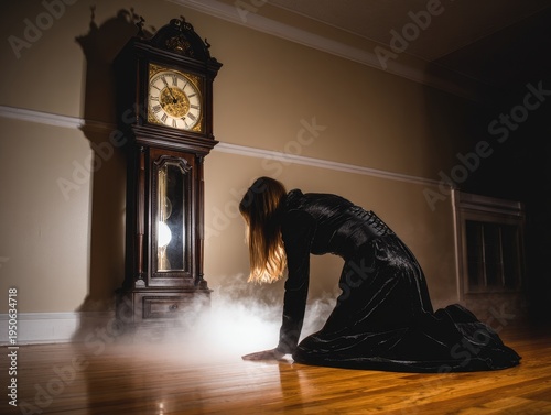 Woman kneeling near antique grandfather clock with smoke