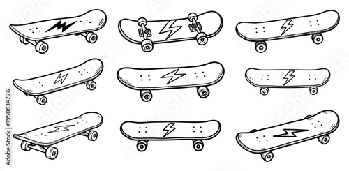 Skateboard Icons Set Hand Drawn Decks With Lightning Doodle Vector