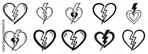 Broken Heart Lightning Icons Set Emo Punk Love Symbol Vector