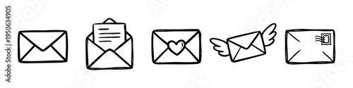 Envelope, Paper and Heart Monochrome Icon Set. High quality stock illustration with clear subject focus and cohesive composition for versatile commercial usage.