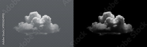 Vector realistic cloud, smoke or fog on isolated transparent and black background. Cloud png. Smoke png.