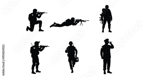 Set of 6 military soldier silhouettes vector