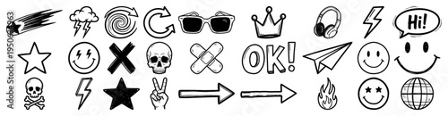 Doodle Emoji And Symbol Icons Set Arrows Stars Lightning Smileys Vector