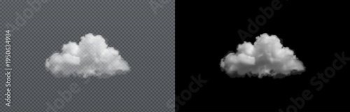 Vector realistic cloud, smoke or fog on isolated transparent and black background. Cloud png. Smoke png.