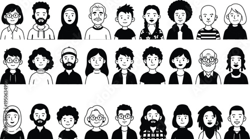 Collection of diverse community member portraits in doodle line art style