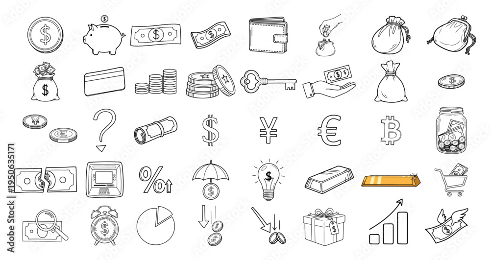 Fototapeta premium Hand drawn money and finance icons set Doodle sketch style business symbols including cash coins and piggy bank Vector illustration