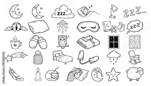 Sleep and dream doodle vector icon set Hand drawn collection of cute night and bedtime symbols