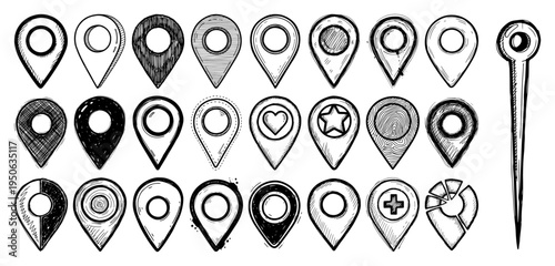 Big set of hand drawn map pins Doodle sketch style location markers and pointers for navigation design Vector illustration