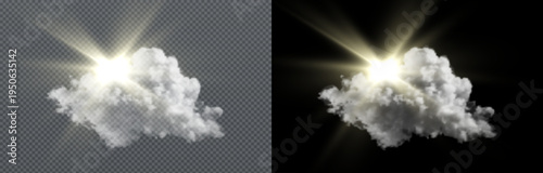 Bright sun rays shining behind a soft white cloud isolated on transparent and black background, glowing light effect perfect for weather design, overlays and compositions.