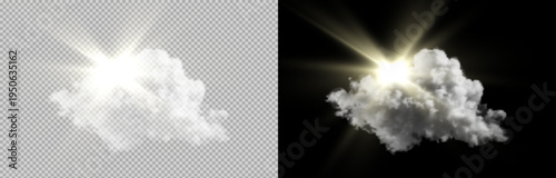 Bright sun rays shining behind a soft white cloud isolated on transparent and black background, glowing light effect perfect for weather design, overlays and compositions.