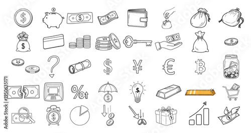 Hand drawn money and finance icons set Doodle sketch style business symbols including cash coins and piggy bank Vector illustration