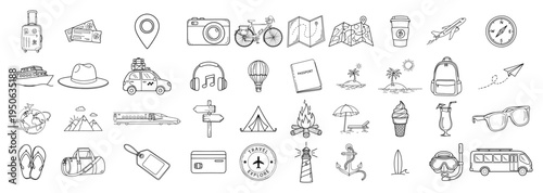 Big set of hand drawn travel and vacation icons Doodle sketch style holiday and tourism symbols Vector illustration
