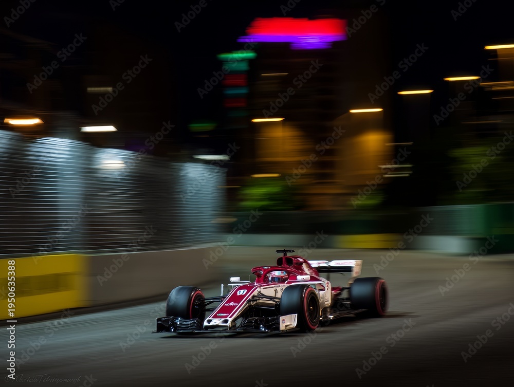 Fototapeta premium Formula 1 race car speeding at night circuit