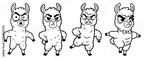 Funny llama cartoon character set Cute alpaca in different poses vector line art illustration