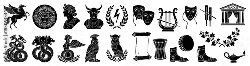 Ancient Greece Icons Set Mythology Pegasus Medusa Laurel Owl Lyre Vector