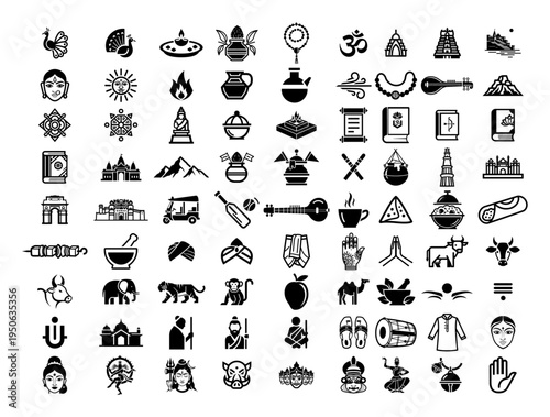 India Icons Set Culture Religion Landmarks Festival Elements Vector