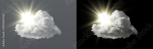Bright sun rays shining behind a soft white cloud isolated on transparent and black background, glowing light effect perfect for weather design, overlays and compositions.