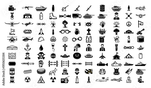 Mega set of war and military vector icons Large collection of army armed forces and weapon glyphs