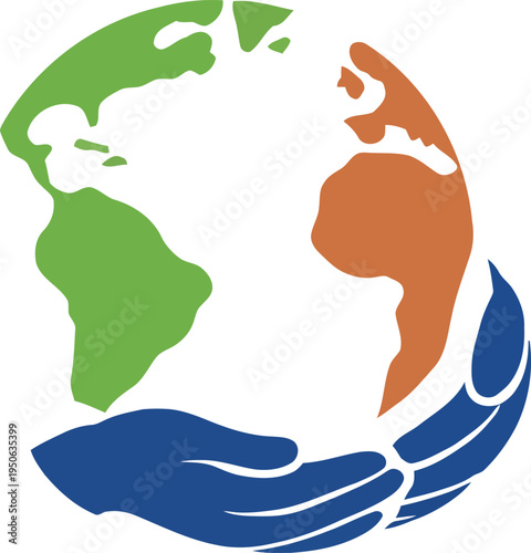 Creative logo showing the planet Earth supported by protective human hands. Modern design symbolizing global care, environmental protection, sustainability and humanitarian support. Ideal for environm