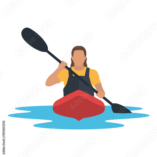 A woman kayaking on calm water with a paddle in a minimalist vector illustration