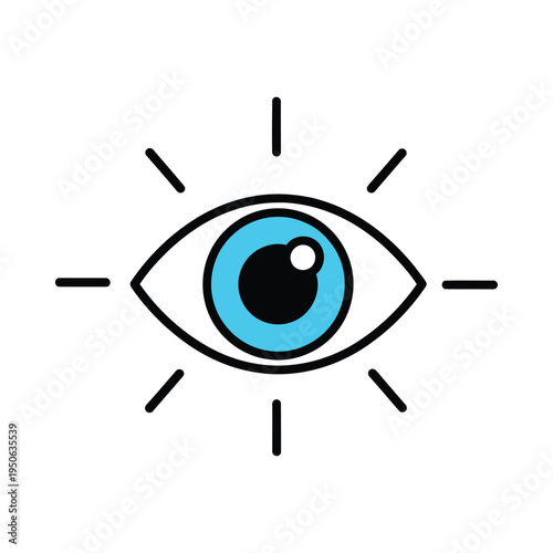 A blue eye with a black outline and lines radiating from it