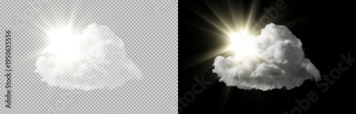 Bright sun rays shining behind a soft white cloud isolated on transparent and black background, glowing light effect perfect for weather design, overlays and compositions.