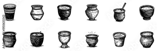 Set of hand drawn clay pots and cups Vintage sketch collection of ancient pottery bowls and medieval goblets Vector illustration