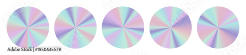 A set of neon holographic stickers. Pearlescent, shiny, round emblems with a rainbow shimmer. Blank templates with radial gradients. Vector glossy labels