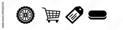 Tire, Handlebar and Shopping Cart Monochrome Icon Set. High quality stock illustration with clear subject focus and cohesive composition for versatile commercial usage.