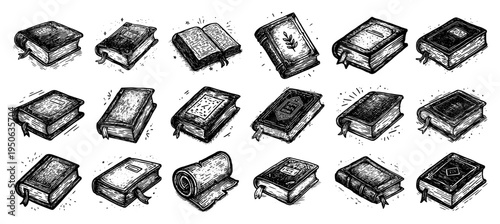 Antique Book Icons Set Vintage Engraved Books And Scroll Vector Collection