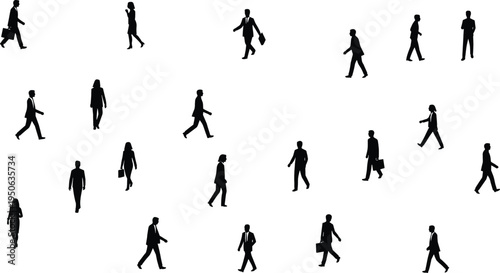 Business people walking silhouettes collection, men and women office workers with briefcases in different poses isolated on white background