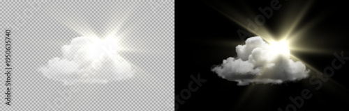 Bright sun rays shining behind a soft white cloud isolated on transparent and black background, glowing light effect perfect for weather design, overlays and compositions.