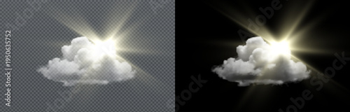Bright sun rays shining behind a soft white cloud isolated on transparent and black background, glowing light effect perfect for weather design, overlays and compositions.
